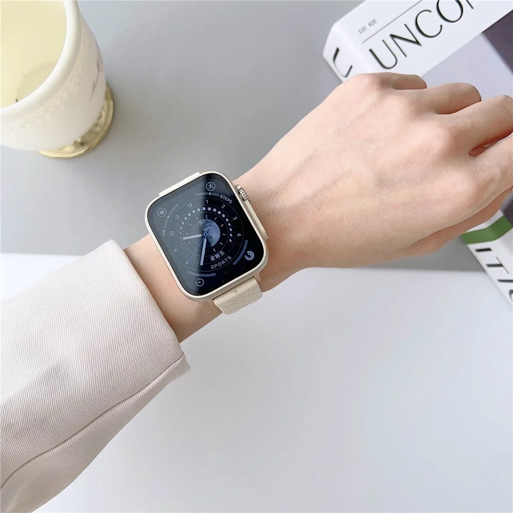 For Apple Watch Ultra 3 2 1 49mm / Series 11 10 46mm / 9 8 7 45mm / SE3 SE2 SE 6 5 4 44mm / 3 2 1 42mm Leather Watch Band Wrist Strap - Milk Tea - 4