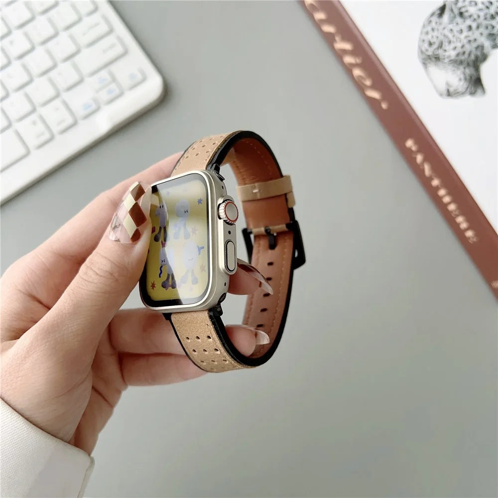 For Apple Watch Ultra 3 2 1 49mm / Series 11 10 46mm / 9 8 7 45mm / SE3 SE2 SE 6 5 4 44mm / 3 2 1 42mm Top Layer Cowhide Watch Strap - Light Yellow - 2