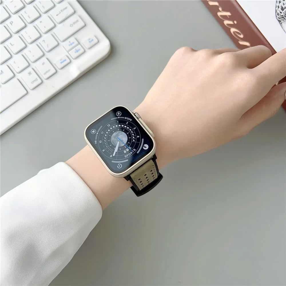 For Apple Watch Ultra 3 2 1 49mm / Series 11 10 46mm / 9 8 7 45mm / SE3 SE2 SE 6 5 4 44mm / 3 2 1 42mm Top Layer Cowhide Watch Strap - Light Yellow - 4