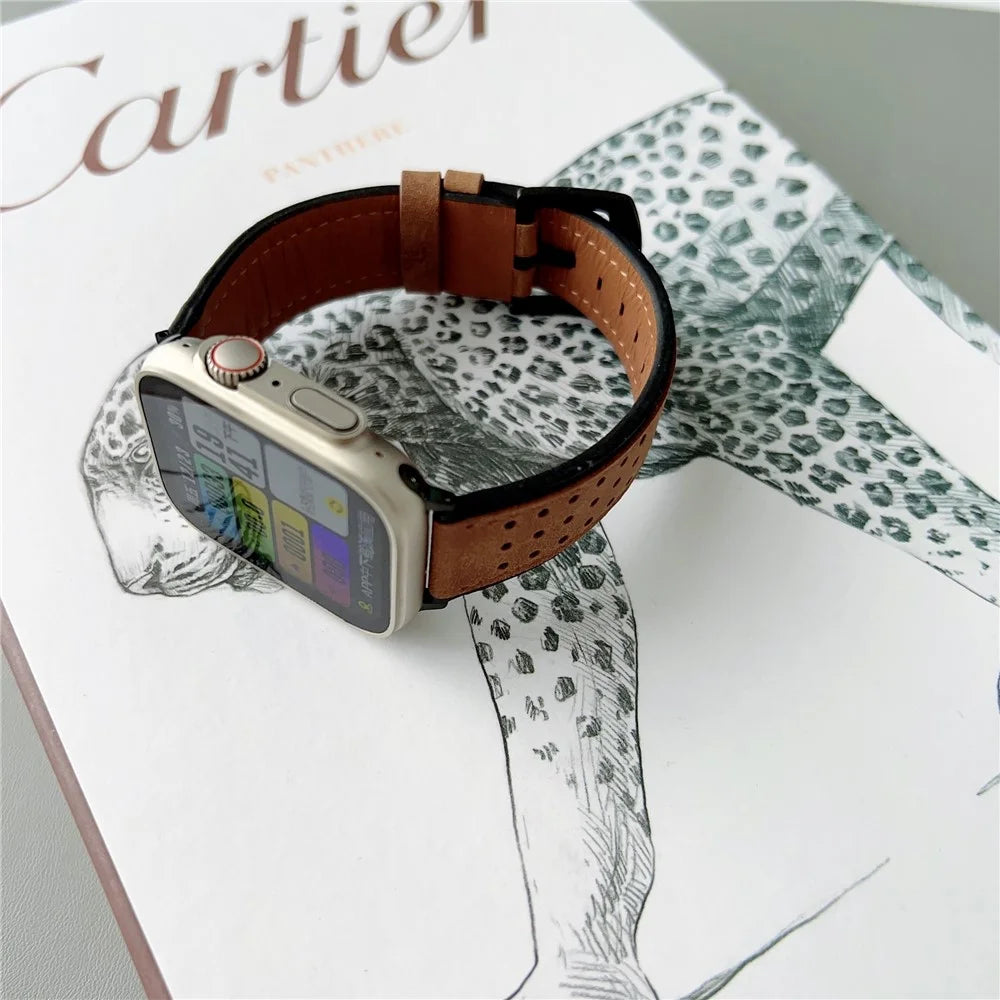 For Apple Watch Ultra 3 2 1 49mm / Series 11 10 46mm / 9 8 7 45mm / SE3 SE2 SE 6 5 4 44mm / 3 2 1 42mm Top Layer Cowhide Watch Strap - Light Yellow - 6