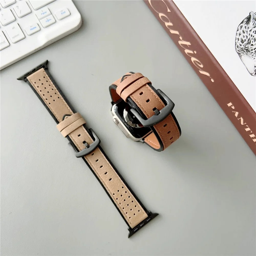For Apple Watch Ultra 3 2 1 49mm / Series 11 10 46mm / 9 8 7 45mm / SE3 SE2 SE 6 5 4 44mm / 3 2 1 42mm Top Layer Cowhide Watch Strap - Light Yellow - 7