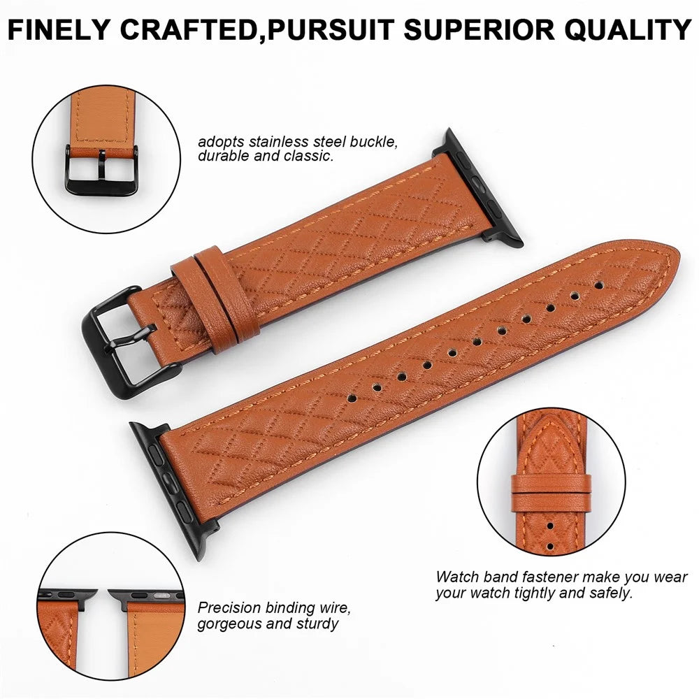 Watch Strap for Apple Watch Series 11 10 42mm / 9 8 7 41mm / SE3 SE2 SE 6 5 4 40mm / 3 2 1 38mm Watch Band Genuine Cow Leather Strap - Black - 5