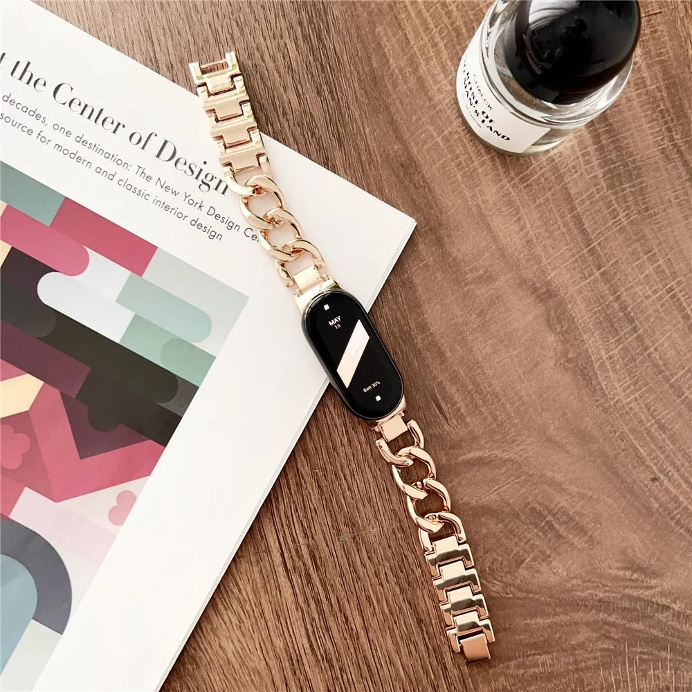 For Xiaomi Smart Band 9 NFC / 9 / 8 NFC / 8 Chain Strap Zinc Alloy Metal Smartwatch Bands with Connector - Rose Gold - 2