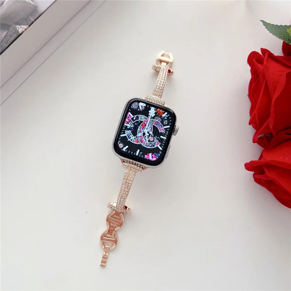 Watch Strap for Apple Watch Series 11 10 42mm / 9 8 7 41mm / SE3 SE2 SE 6 5 4 40mm / 3 2 1 38mm Watch Band Rhinestone Decor Bracelet - Rose Gold - 2