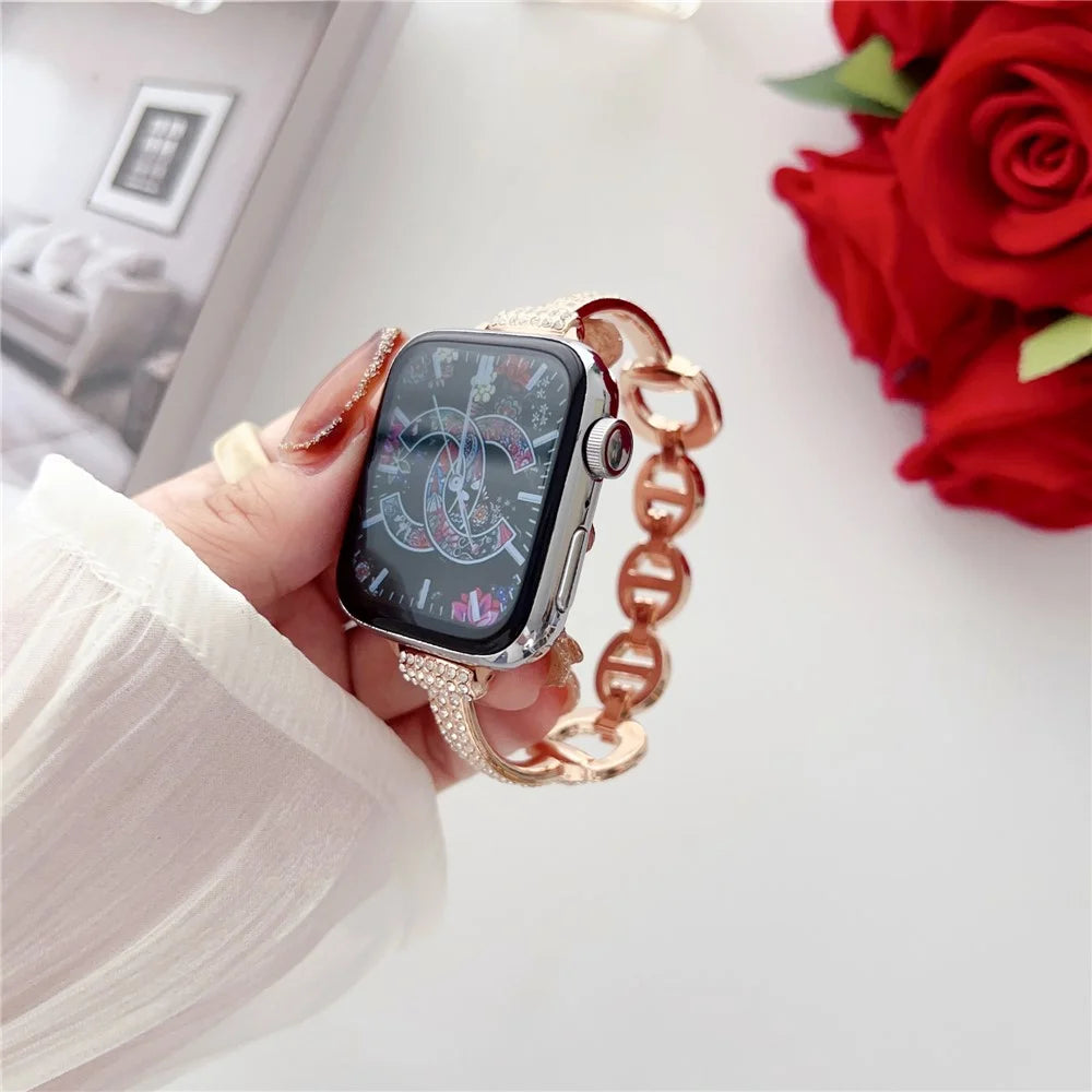 Watch Strap for Apple Watch Series 11 10 42mm / 9 8 7 41mm / SE3 SE2 SE 6 5 4 40mm / 3 2 1 38mm Watch Band Rhinestone Decor Bracelet - Rose Gold - 5