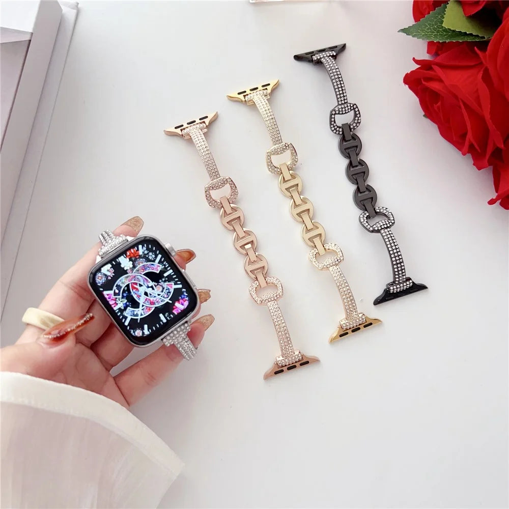 Watch Strap for Apple Watch Series 11 10 42mm / 9 8 7 41mm / SE3 SE2 SE 6 5 4 40mm / 3 2 1 38mm Watch Band Rhinestone Decor Bracelet - Rose Gold - 7