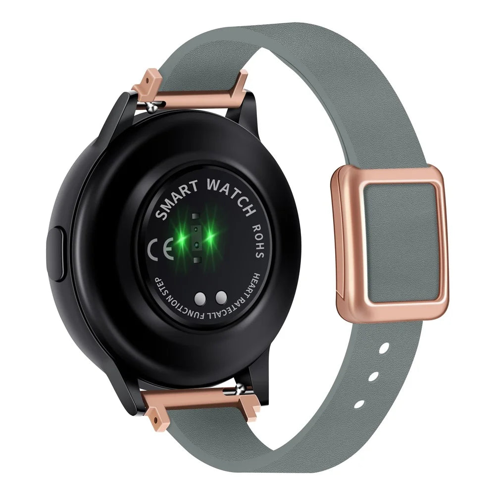 For Samsung Galaxy Watch6 Classic 47mm 43mm Watch Band 20mm Leather Strap with Magnetic Folding Buckle - Linen Blue / Rose Gold Buckle - 1
