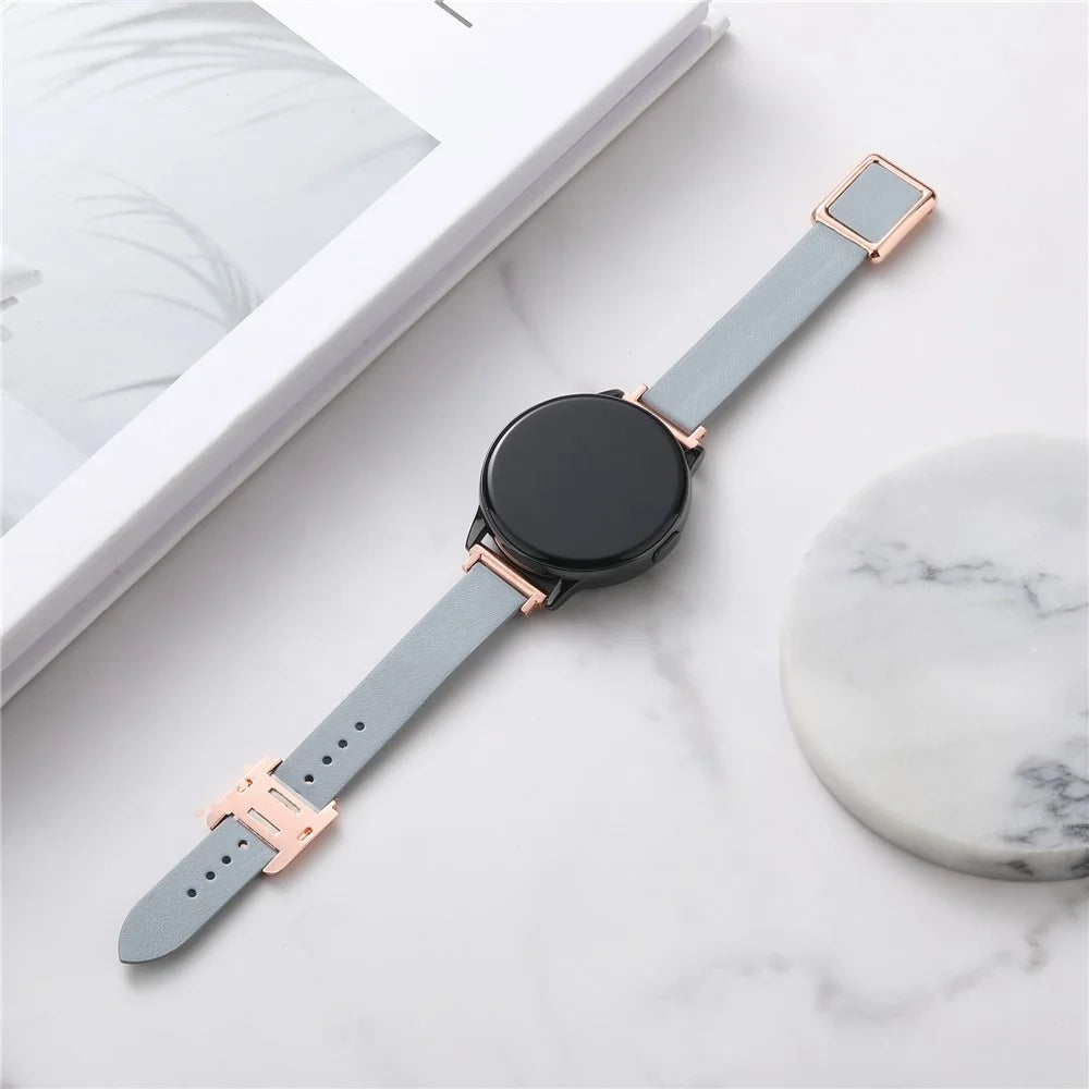 For Samsung Galaxy Watch6 Classic 47mm 43mm Watch Band 20mm Leather Strap with Magnetic Folding Buckle - Linen Blue / Rose Gold Buckle - 2