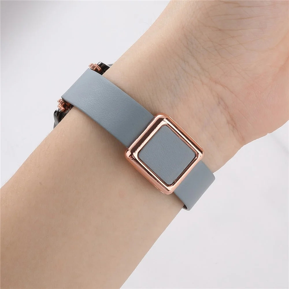 For Samsung Galaxy Watch6 Classic 47mm 43mm Watch Band 20mm Leather Strap with Magnetic Folding Buckle - Linen Blue / Rose Gold Buckle - 3