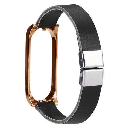 For Xiaomi Mi Band 7 / Band 7 NFC Leather Watch Strap with Watch Case - Black Strap / Rose Gold Frame - 1