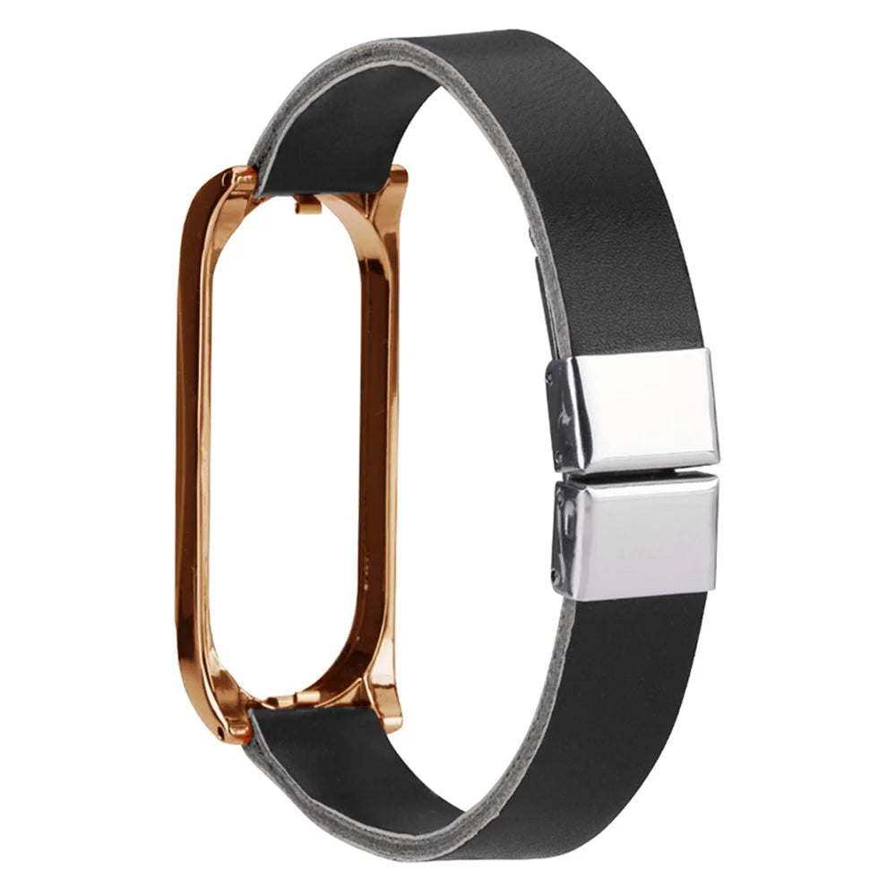 For Xiaomi Mi Band 7 / Band 7 NFC Leather Watch Strap with Watch Case - Black Strap / Rose Gold Frame - 1