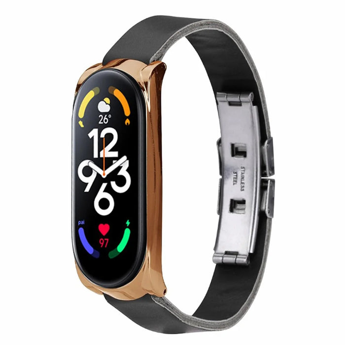 For Xiaomi Mi Band 7 / Band 7 NFC Leather Watch Strap with Watch Case - Black Strap / Rose Gold Frame - 3