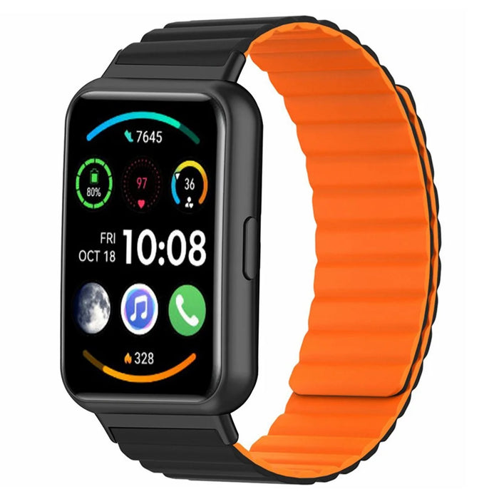 For Huawei Watch Fit 2 Magnetic Watch Strap Silicone Adjustable Wristband - Black+Orange - 2