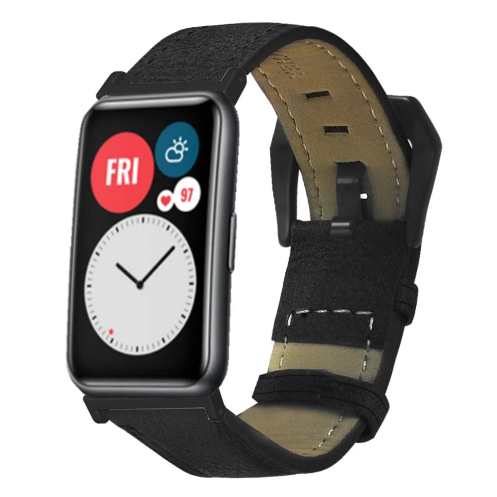 For Huawei Watch Fit / Watch Fit Special Edition Strap Genuine Cow Leather Retro Watch Band - Black - 2