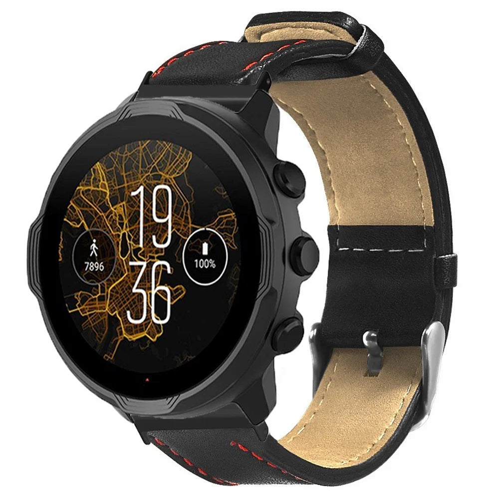For Suunto Spartan Sport Wrist HR Baro / Suunto 7 Watch Strap 24mm Genuine Cow Leather Bands - Black - 4