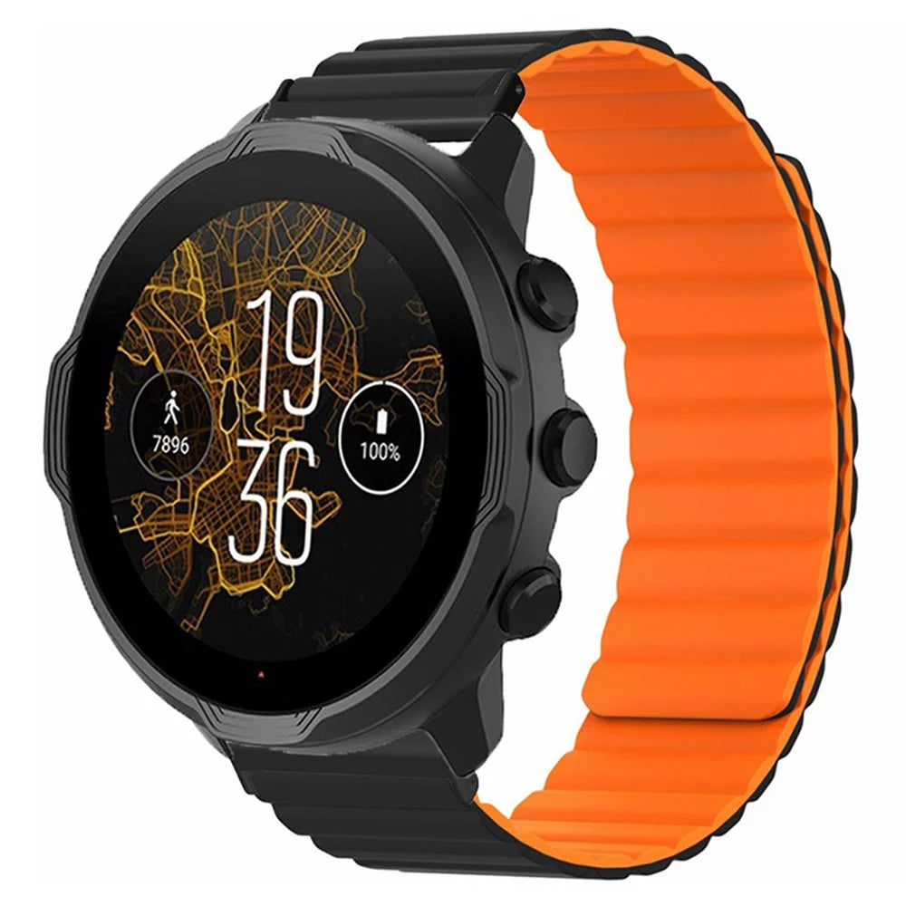 For Suunto Spartan Sport Wrist HR Baro / Suunto 7 Magnetic Band 24mm Silicone Watch Strap - Black+Orange - 4