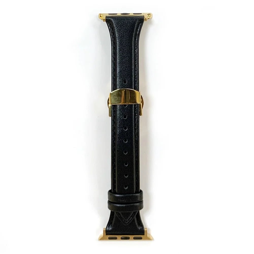 For Apple Watch Ultra 3 2 1 49mm / Series 11 10 46mm / 9 8 7 45mm / SE3 SE2 SE 6 5 4 44mm / 3 2 1 42mm Cow Leather Watchband Replacement Strap - Black / Gold - 1