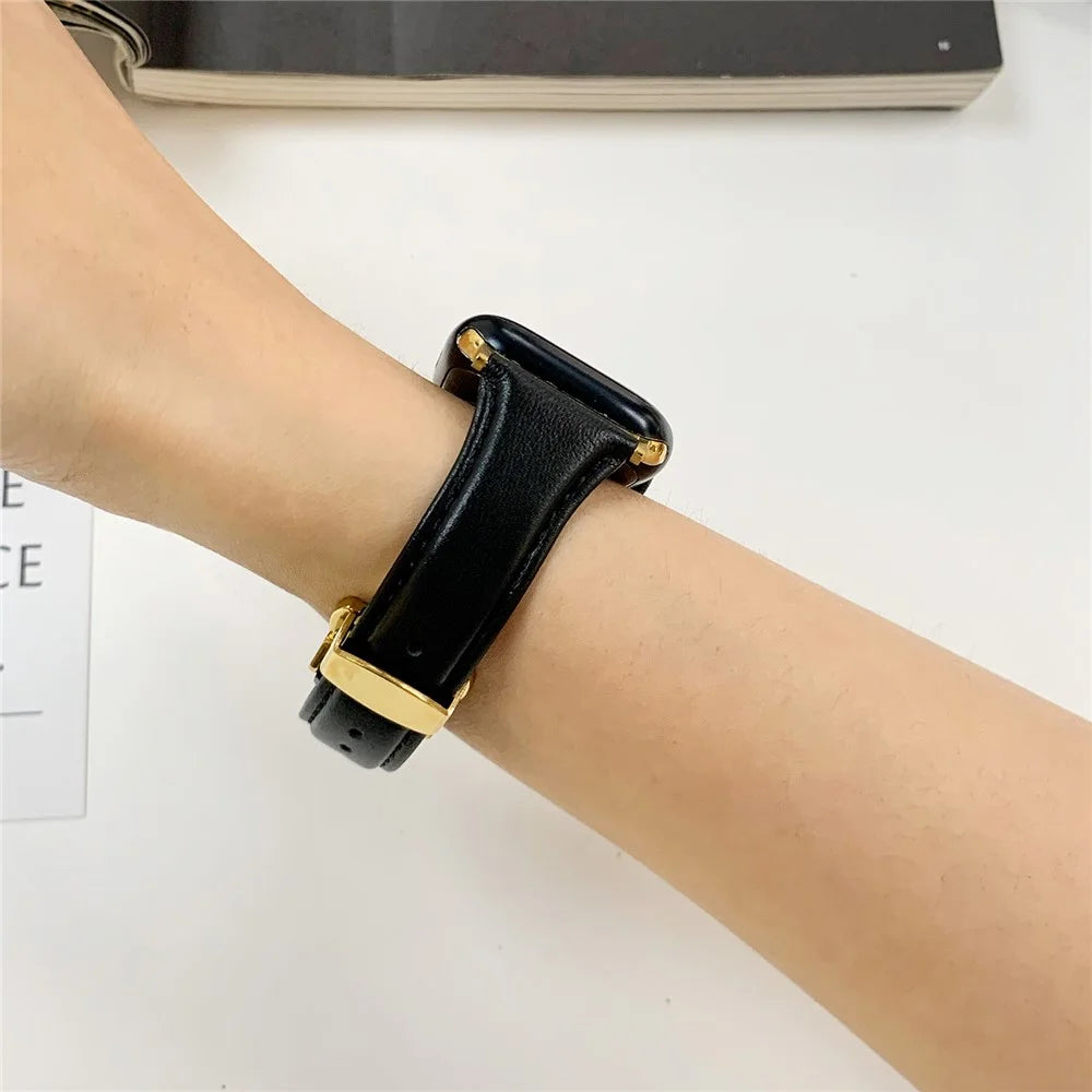 For Apple Watch Ultra 3 2 1 49mm / Series 11 10 46mm / 9 8 7 45mm / SE3 SE2 SE 6 5 4 44mm / 3 2 1 42mm Cow Leather Watchband Replacement Strap - Black / Gold - 2