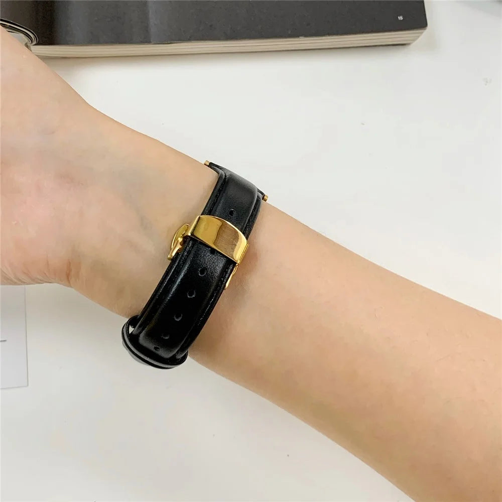 For Apple Watch Ultra 3 2 1 49mm / Series 11 10 46mm / 9 8 7 45mm / SE3 SE2 SE 6 5 4 44mm / 3 2 1 42mm Cow Leather Watchband Replacement Strap - Black / Gold - 3
