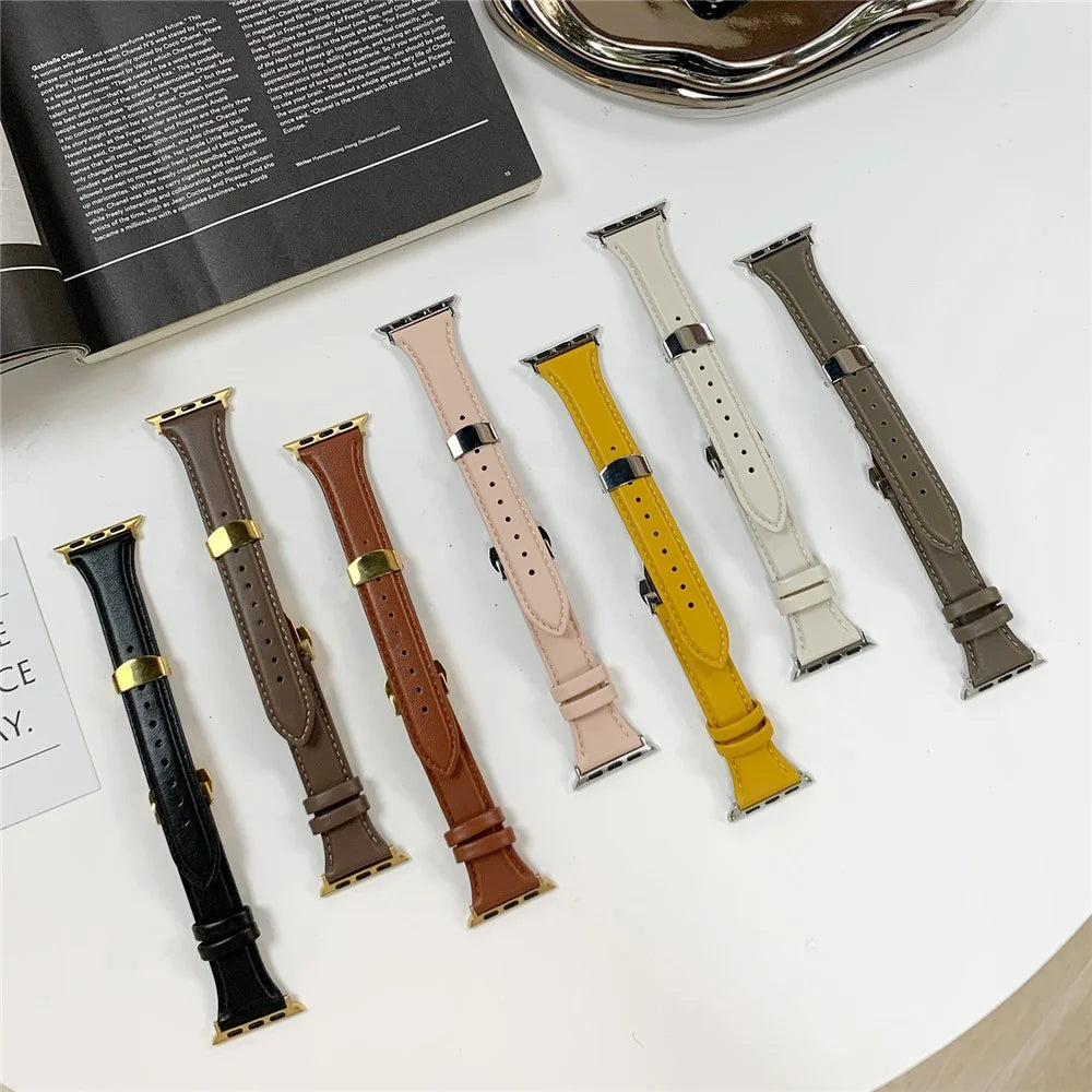 For Apple Watch Ultra 3 2 1 49mm / Series 11 10 46mm / 9 8 7 45mm / SE3 SE2 SE 6 5 4 44mm / 3 2 1 42mm Cow Leather Watchband Replacement Strap - Black / Gold - 4