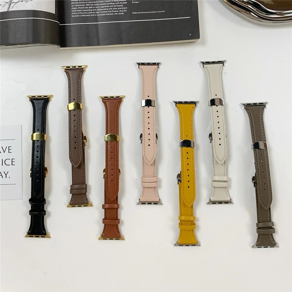 For Apple Watch Ultra 3 2 1 49mm / Series 11 10 46mm / 9 8 7 45mm / SE3 SE2 SE 6 5 4 44mm / 3 2 1 42mm Cow Leather Watchband Replacement Strap - Black / Gold - 5