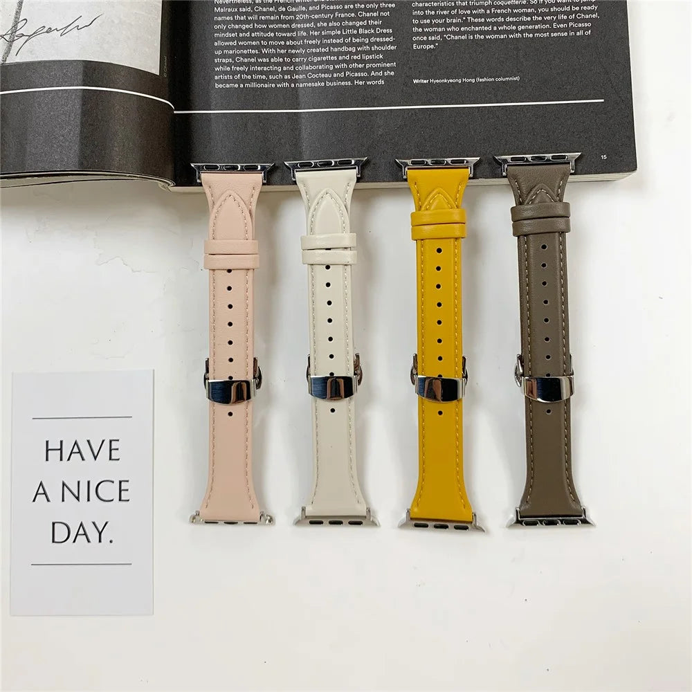 For Apple Watch Ultra 3 2 1 49mm / Series 11 10 46mm / 9 8 7 45mm / SE3 SE2 SE 6 5 4 44mm / 3 2 1 42mm Cow Leather Watchband Replacement Strap - Black / Gold - 6