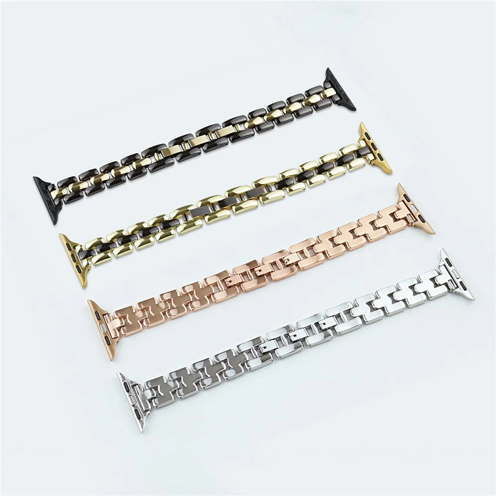 Watch Band for Apple Watch Series 11 10 42mm / 9 8 7 41mm / SE3 SE2 SE 6 5 4 40mm / 3 2 1 38mm Slim 3-Bead Watch Band - Gold+Black - 4
