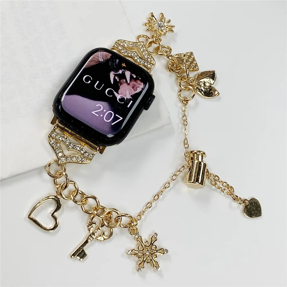 Watch Band for Apple Watch Series 11 10 42mm / 9 8 7 41mm / SE3 SE2 SE 6 5 4 40mm / 3 2 1 38mm Snowflake Charm Watch Strap - Gold - 1