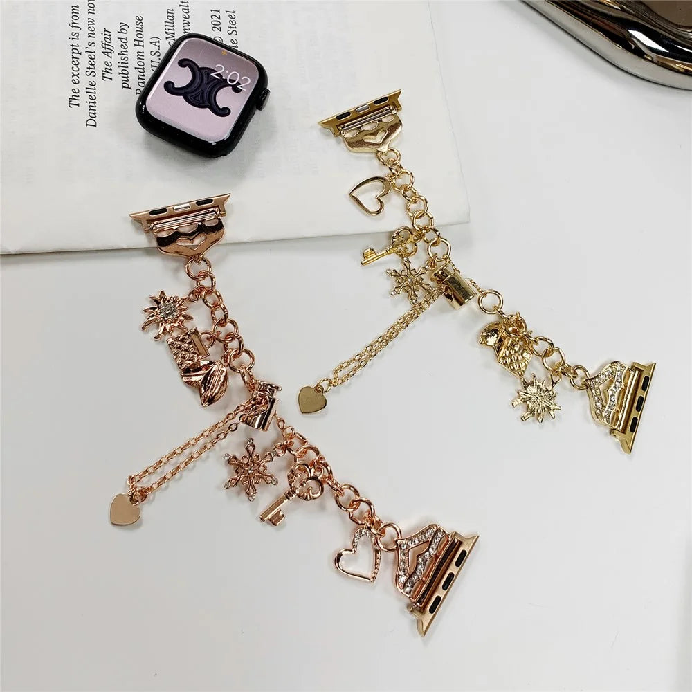 Watch Band for Apple Watch Series 11 10 42mm / 9 8 7 41mm / SE3 SE2 SE 6 5 4 40mm / 3 2 1 38mm Snowflake Charm Watch Strap - Gold - 5
