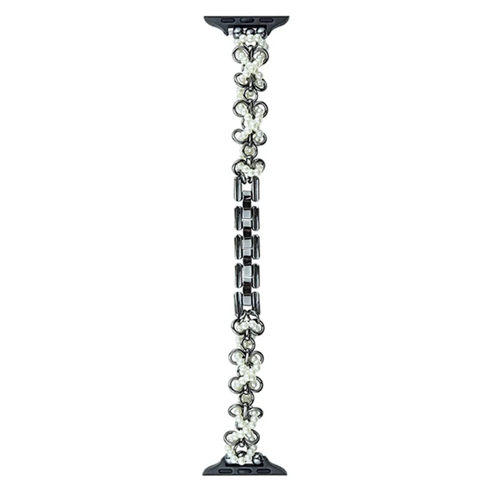 Watch Band for Apple Watch Series 11 10 42mm / 9 8 7 41mm / SE3 SE2 SE 6 5 4 40mm / 3 2 1 38mm Butterfly Pearl Strap - Black - 1
