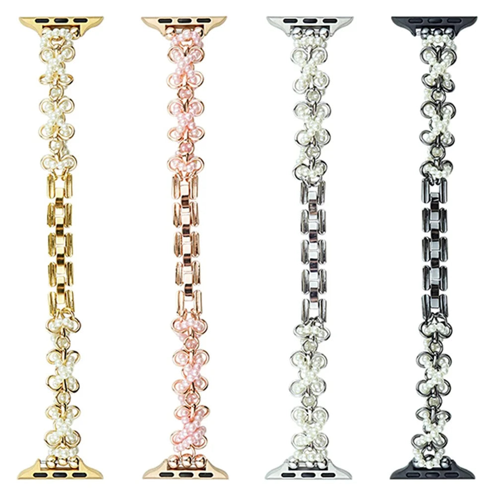 Watch Band for Apple Watch Series 11 10 42mm / 9 8 7 41mm / SE3 SE2 SE 6 5 4 40mm / 3 2 1 38mm Butterfly Pearl Strap - Black - 2