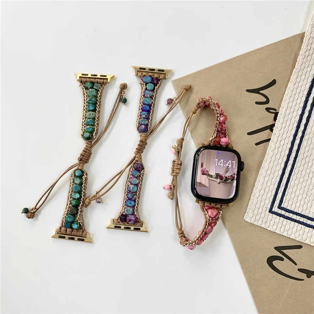 For Apple Watch Ultra 3 2 1 49mm / Series 11 10 46mm / 9 8 7 45mm / SE3 SE2 SE 6 5 4 44mm / 3 2 1 42mm Watch Band Stones Braided Bracelet - Blue - 5