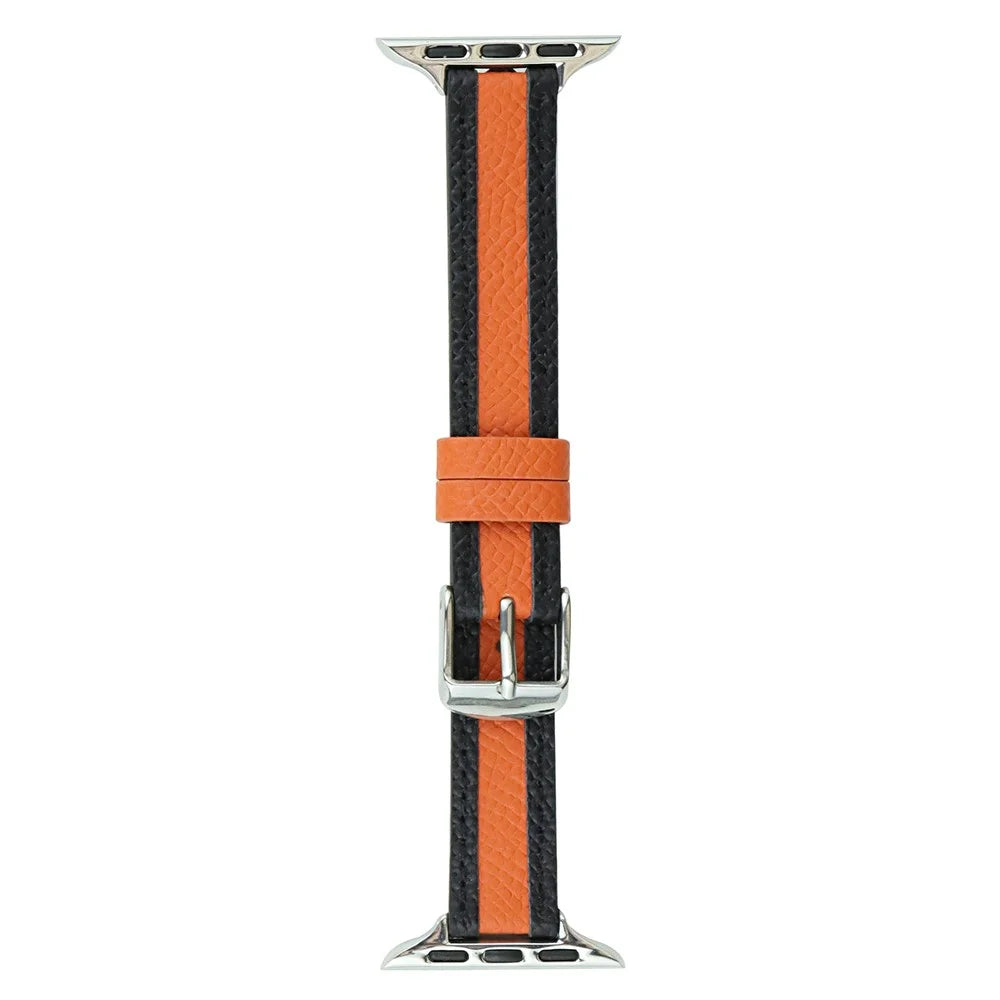 Watch Band for Apple Watch Series 11 10 42mm / 9 8 7 41mm / SE3 SE2 SE 6 5 4 40mm / 3 2 1 38mm Slim Leather Wrist Strap - Orange+Black - 1
