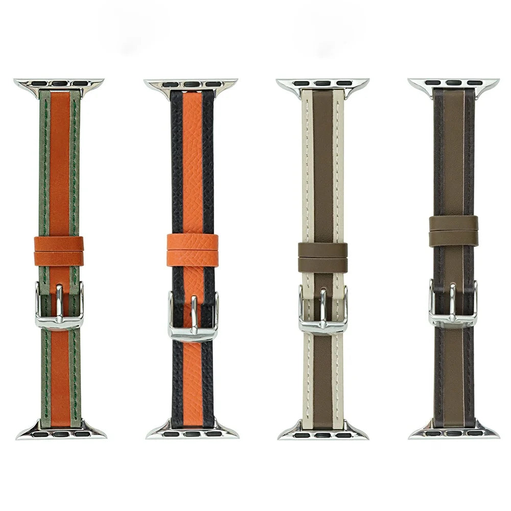 Watch Band for Apple Watch Series 11 10 42mm / 9 8 7 41mm / SE3 SE2 SE 6 5 4 40mm / 3 2 1 38mm Slim Leather Wrist Strap - Orange+Black - 4