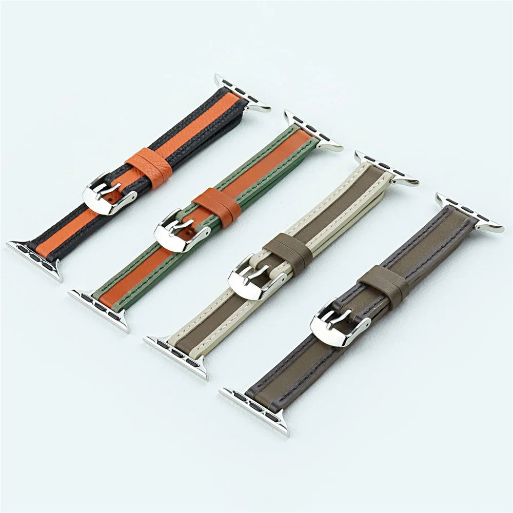 Watch Band for Apple Watch Series 11 10 42mm / 9 8 7 41mm / SE3 SE2 SE 6 5 4 40mm / 3 2 1 38mm Slim Leather Wrist Strap - Orange+Black - 5