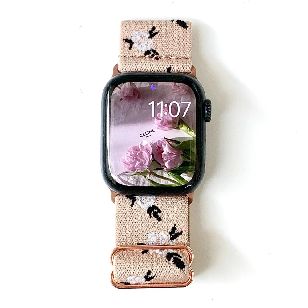 Watch Band for Apple Watch Series 11 10 42mm / 9 8 7 41mm / SE3 SE2 SE 6 5 4 40mm / 3 2 1 38mm Nylon Watch Strap - Black Leaf Rose - 1
