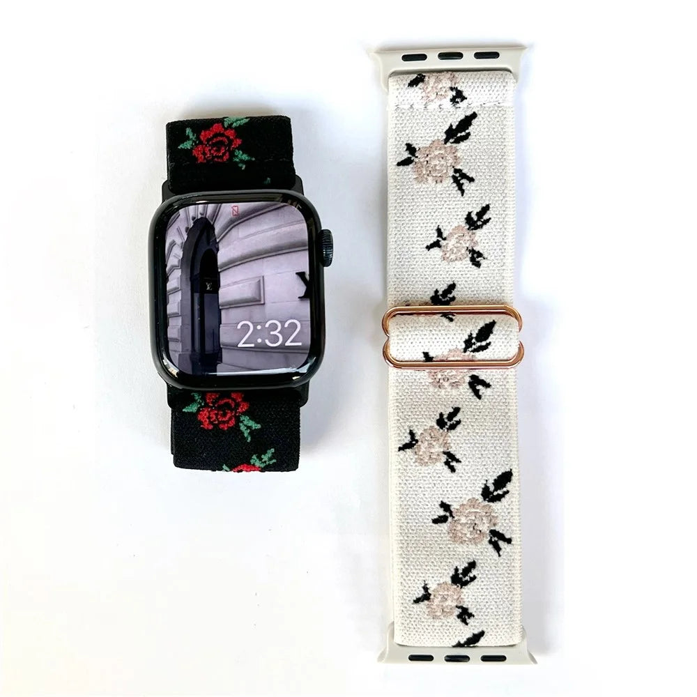 Watch Band for Apple Watch Series 11 10 42mm / 9 8 7 41mm / SE3 SE2 SE 6 5 4 40mm / 3 2 1 38mm Nylon Watch Strap - Black Leaf Rose - 2