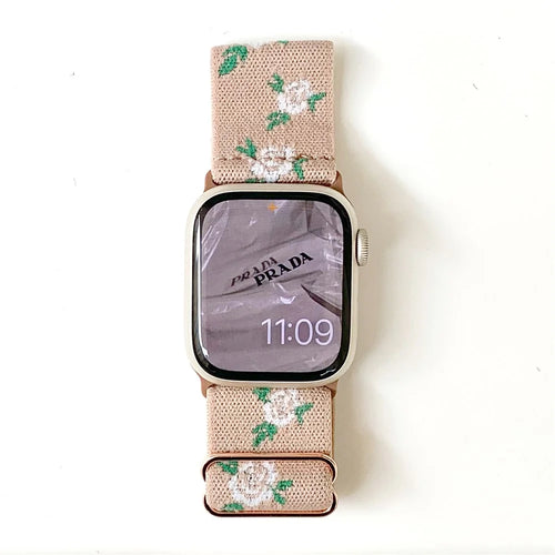 AW For Apple Watch Ultra 3 2 1 49mm / Series 11 10 46mm / 9 8 7 45mm / SE3 SE2 SE 6 5 4 44mm / 3 2 1 42mm Band Nylon Strap - Black Leaf+Rose - 1