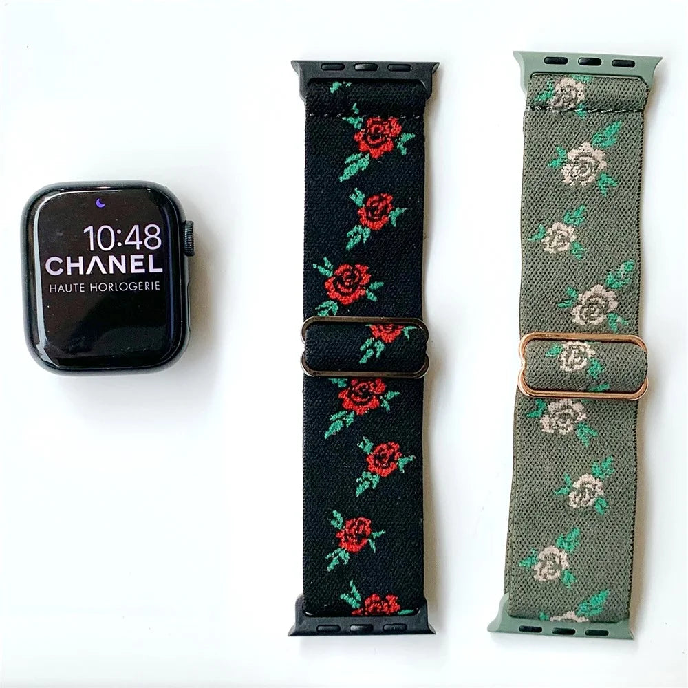 AW For Apple Watch Ultra 3 2 1 49mm / Series 11 10 46mm / 9 8 7 45mm / SE3 SE2 SE 6 5 4 44mm / 3 2 1 42mm Band Nylon Strap - Black Leaf+Rose - 4
