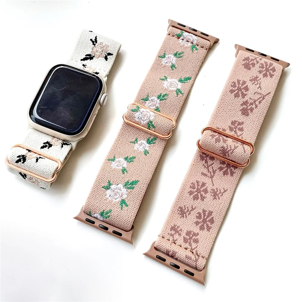 AW For Apple Watch Ultra 3 2 1 49mm / Series 11 10 46mm / 9 8 7 45mm / SE3 SE2 SE 6 5 4 44mm / 3 2 1 42mm Band Nylon Strap - Black Leaf+Rose - 5