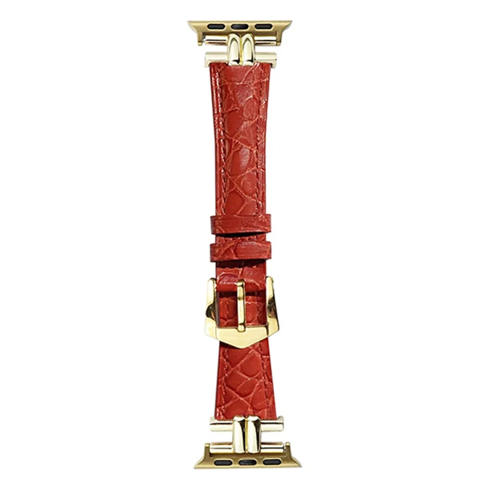Watch Band for Apple Watch Series 11 10 42mm / 9 8 7 41mm / SE3 SE2 SE 6 5 4 40mm / 3 2 1 38mm Leather Wrist Strap - Red+Gold Buckle - 1