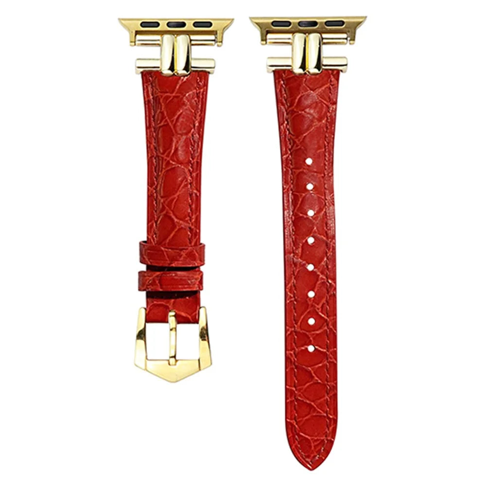 Watch Band for Apple Watch Series 11 10 42mm / 9 8 7 41mm / SE3 SE2 SE 6 5 4 40mm / 3 2 1 38mm Leather Wrist Strap - Red+Gold Buckle - 2