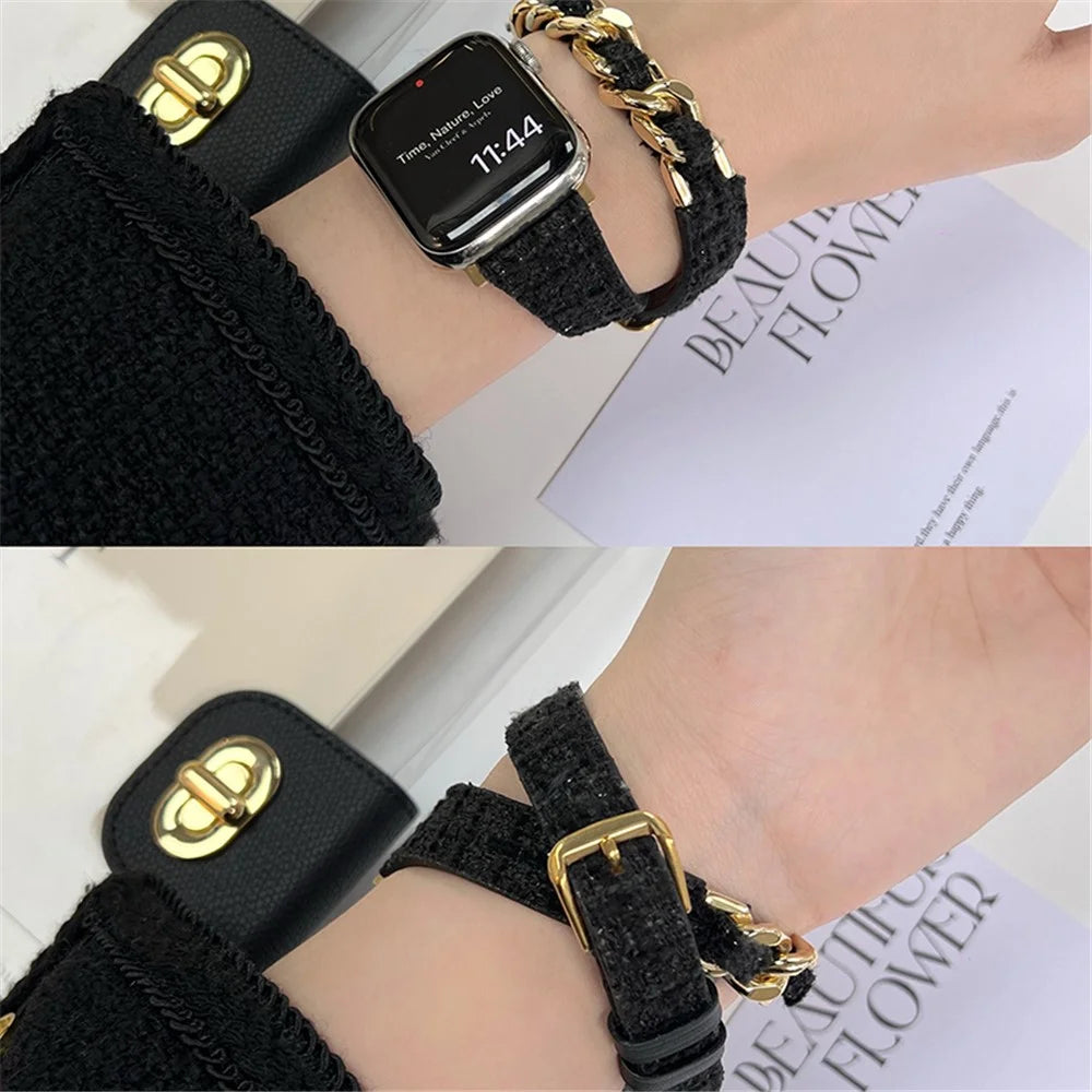 Watch Band for Apple Watch Series 11 10 42mm / 9 8 7 41mm / SE3 SE2 SE 6 5 4 40mm / 3 2 1 38mm Smart Watchband Dual Layer Strap - Black+Gold Chain - 2
