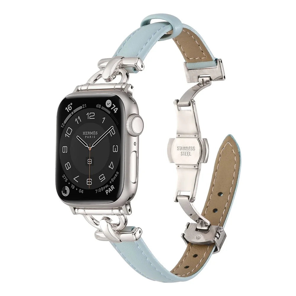 For Apple Watch Ultra 3 2 1 49mm / Series 11 10 46mm / 9 8 7 45mm / SE3 SE2 SE 6 5 4 44mm / 3 2 1 42mm Leather Watch Band - Blue / Silver Buckle - 2