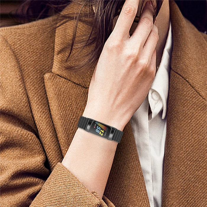 For Fitbit Charge 5 / 6 Stainless Steel Watch Strap Electroplating Color Wrist Bracelet Band - Black - 5
