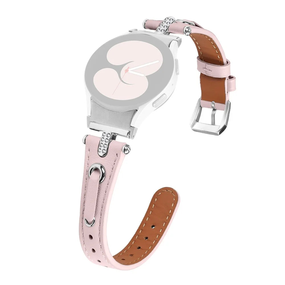 For Samsung Galaxy Watch FE 40mm / Watch4 / Watch4 Classic Watch 5 / 5 Pro Watch Band Genuine Cow Leather Strap with Silver Connector - Pink - 1