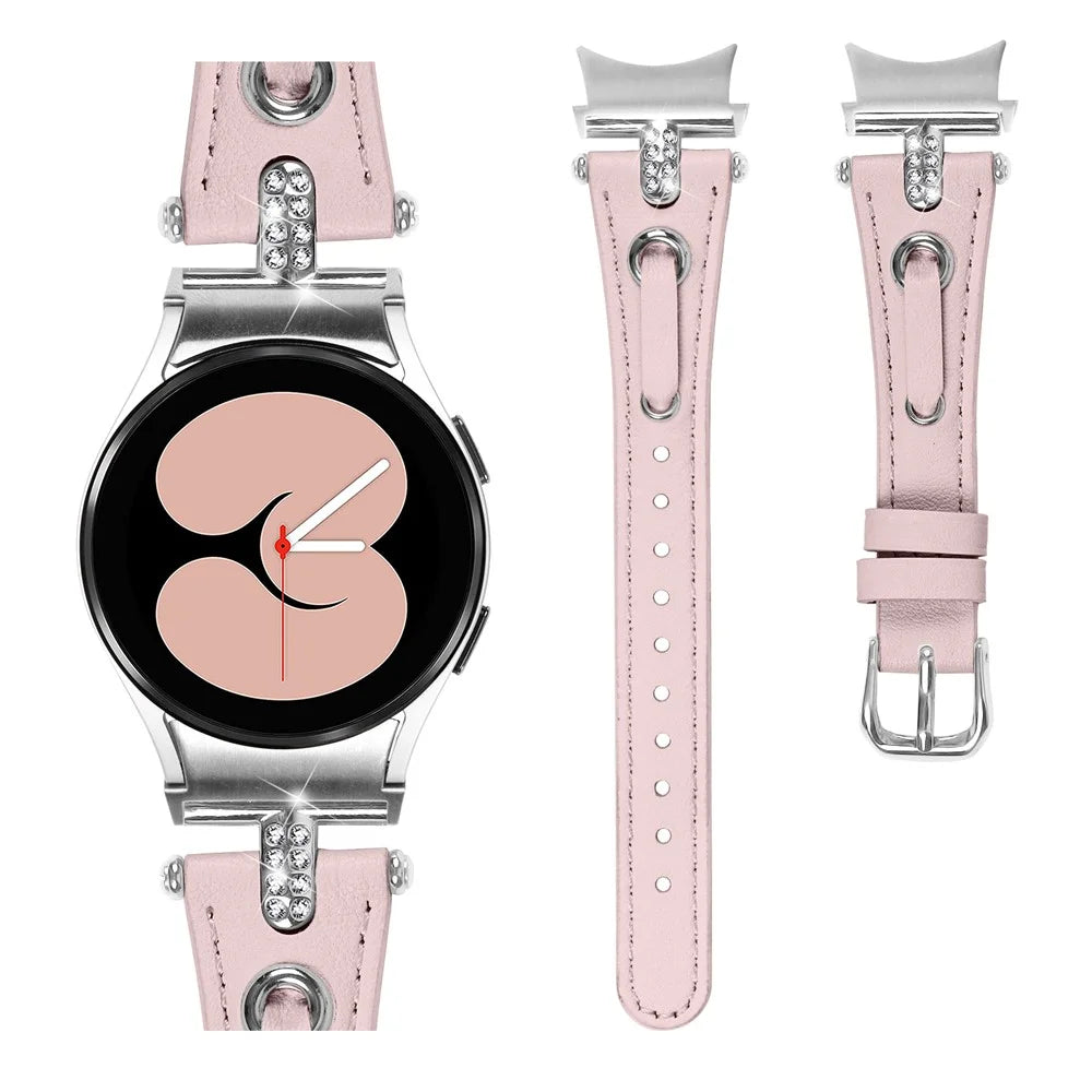 For Samsung Galaxy Watch FE 40mm / Watch4 / Watch4 Classic Watch 5 / 5 Pro Watch Band Genuine Cow Leather Strap with Silver Connector - Pink - 2