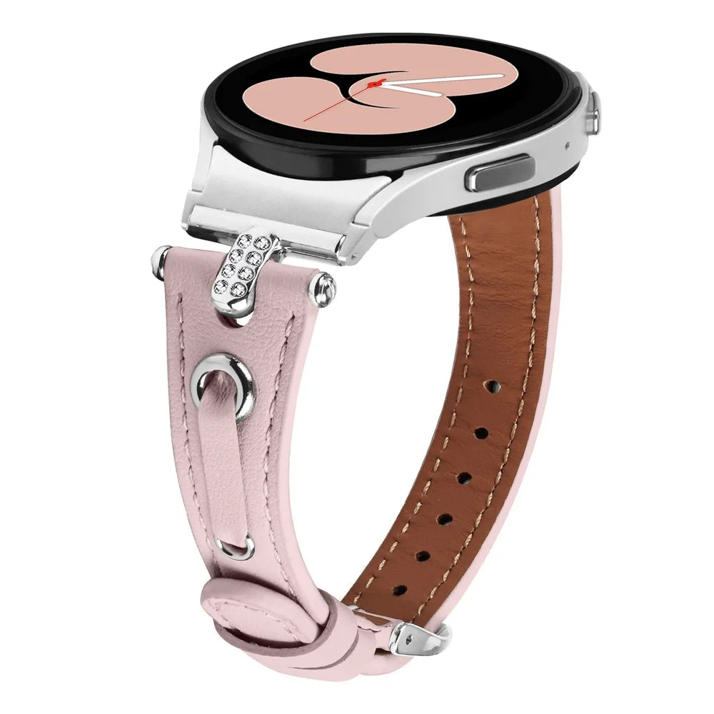 For Samsung Galaxy Watch FE 40mm / Watch4 / Watch4 Classic Watch 5 / 5 Pro Watch Band Genuine Cow Leather Strap with Silver Connector - Pink - 3