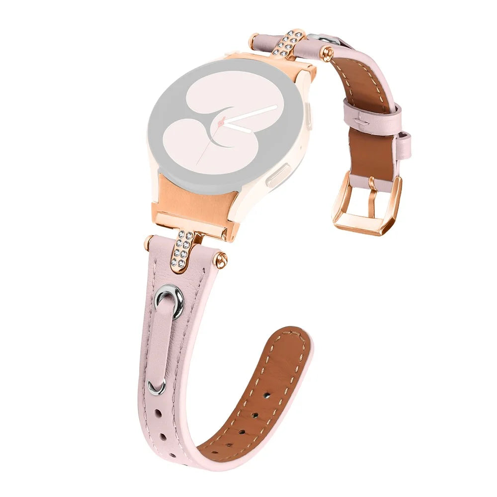 For Samsung Galaxy Watch FE 40mm / Watch4 / Watch4 Classic / Watch 5 / 5 Pro Genuine Cow Leather Watchband Rose Gold Connector Watch Strap - Pink - 1