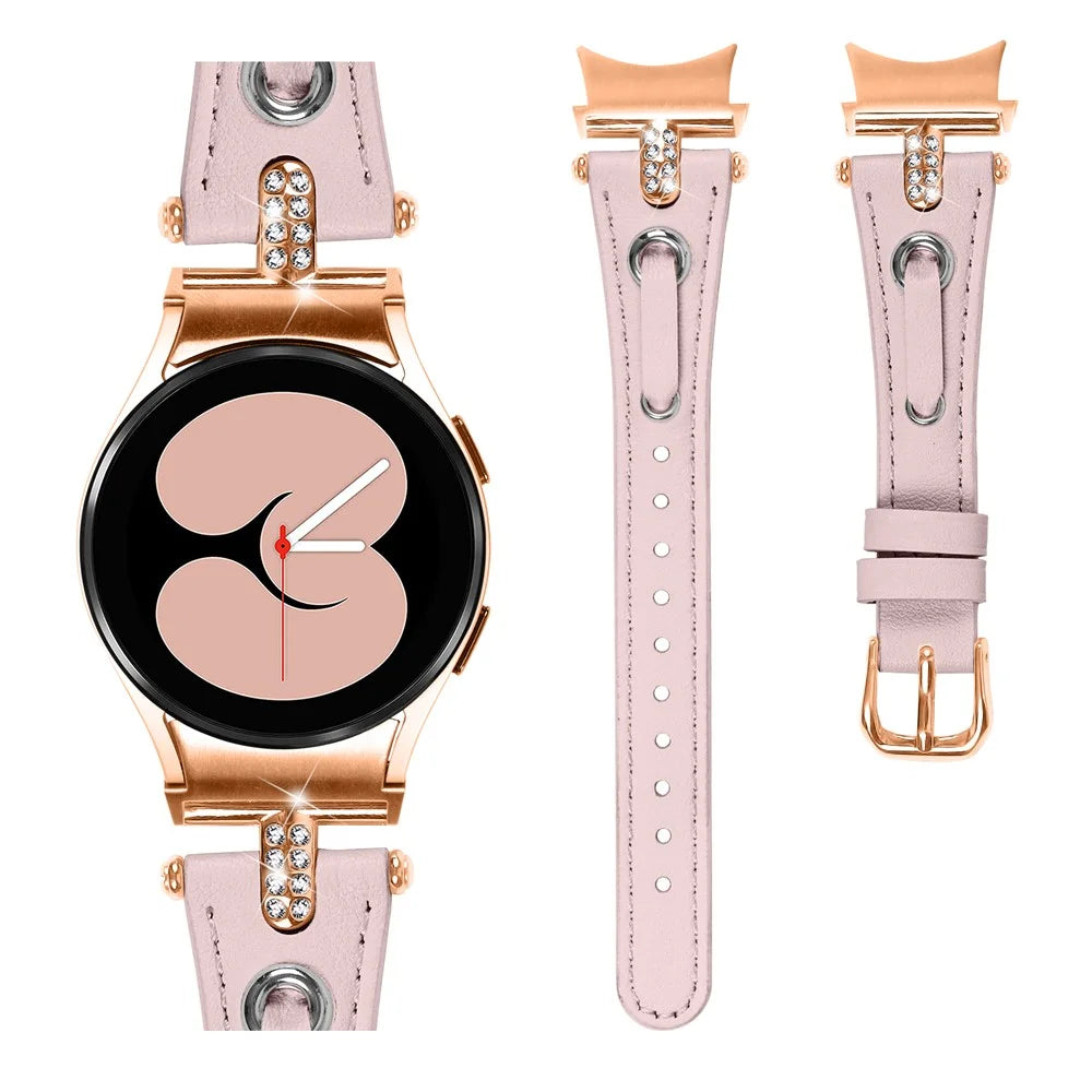 For Samsung Galaxy Watch FE 40mm / Watch4 / Watch4 Classic / Watch 5 / 5 Pro Genuine Cow Leather Watchband Rose Gold Connector Watch Strap - Pink - 2